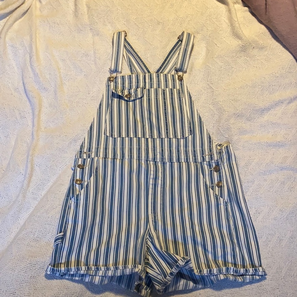 American Eagle Outfitters blue striped overalls shorts